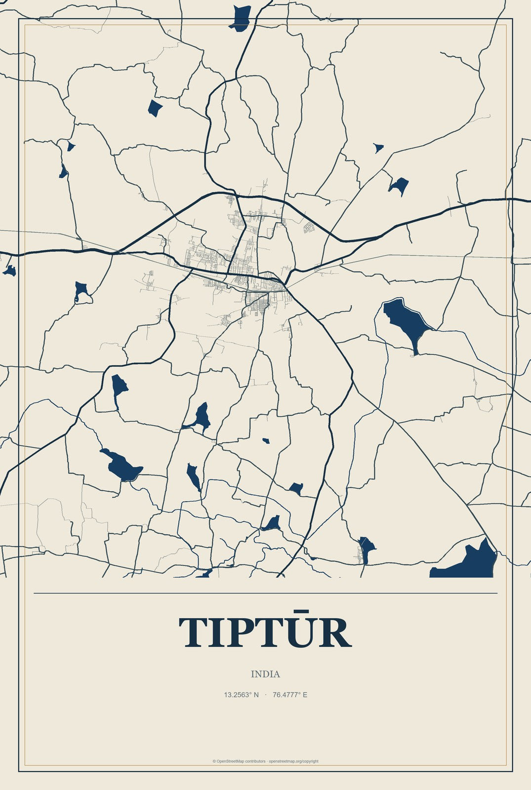 Tiptūr, India City Map Aluminum Sign in Coastal Cutout style