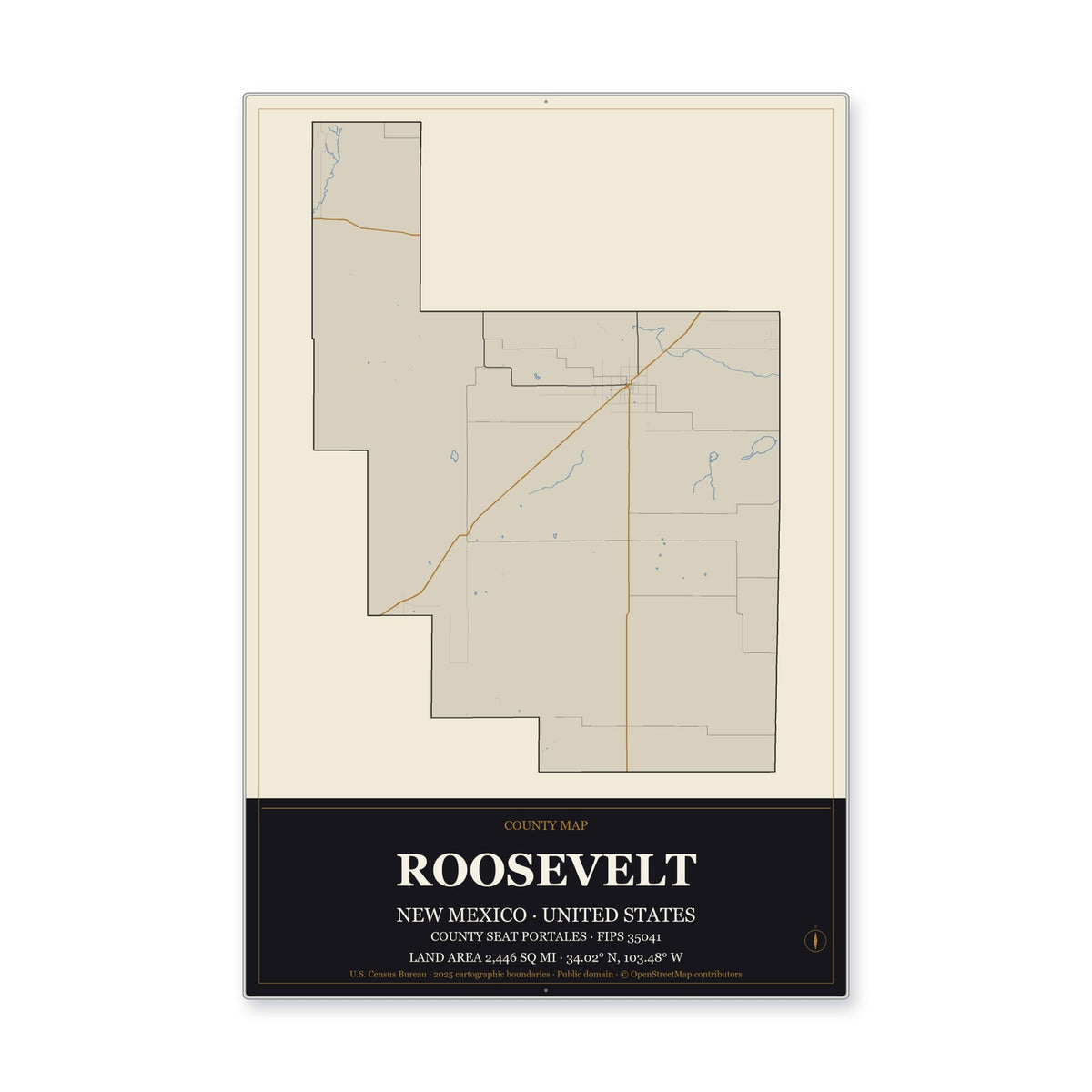 Roosevelt County, New Mexico Map Aluminum Sign in Museum Plaque style