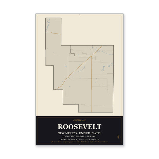 Roosevelt County, New Mexico Map Aluminum Sign in Museum Plaque style