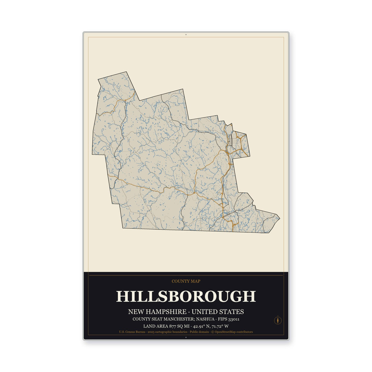 Hillsborough County, New Hampshire Map Aluminum Sign in Museum Plaque style