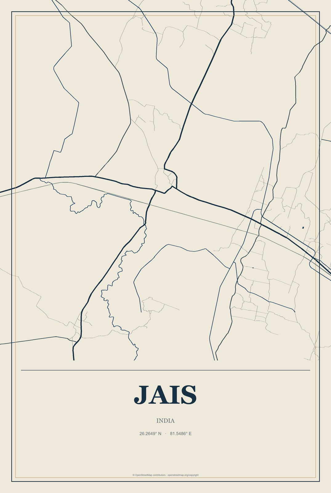 Jais, India City Map Aluminum Sign in Coastal Cutout style