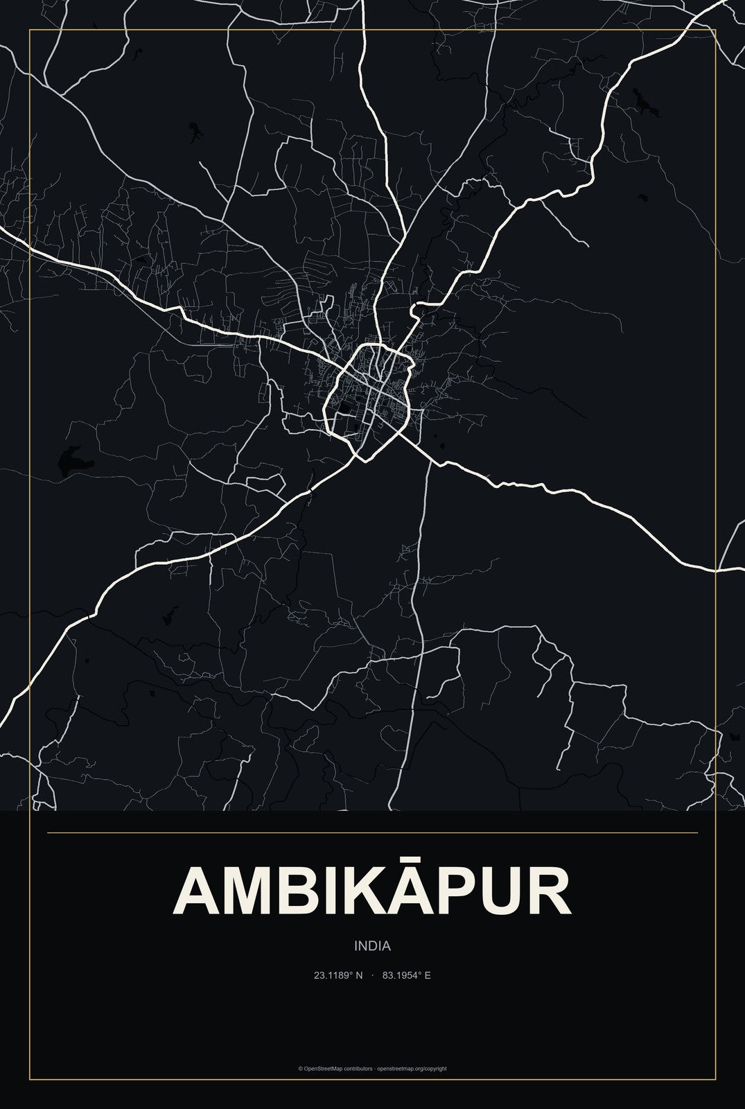 Ambikāpur, India City Map Aluminum Sign in Metropolitan Noir style