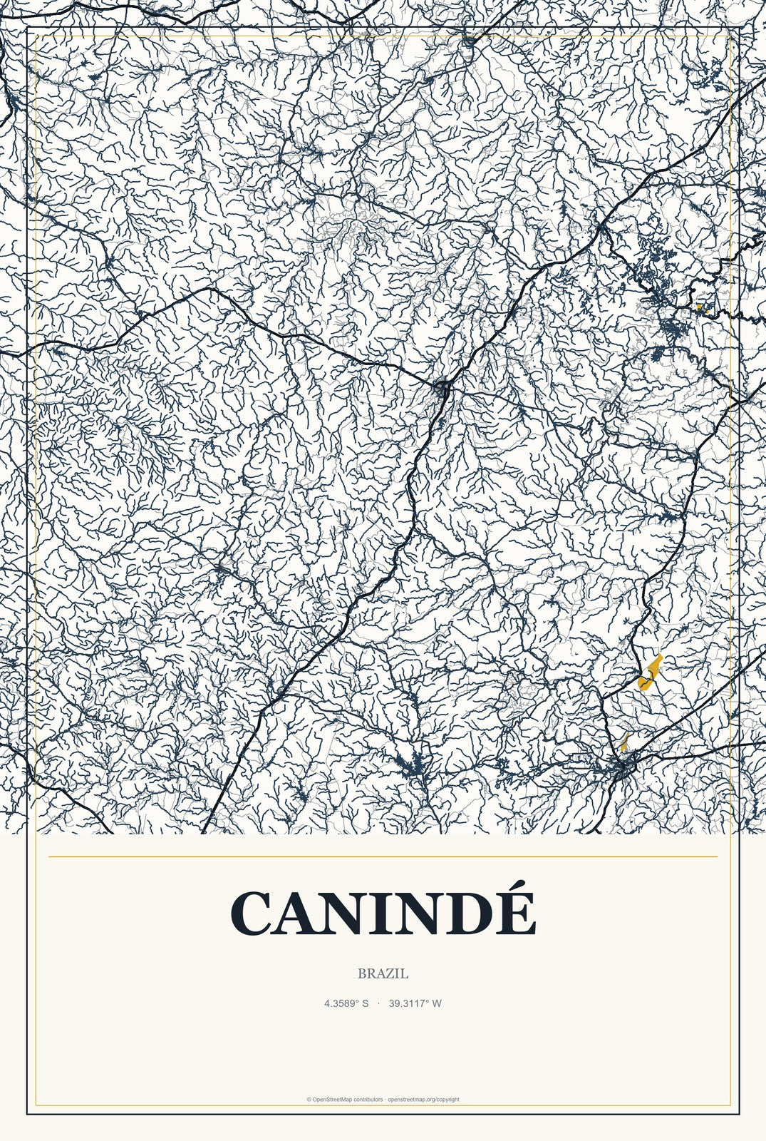 Canindé, Brazil City Map Aluminum Sign in Citrine Modern style