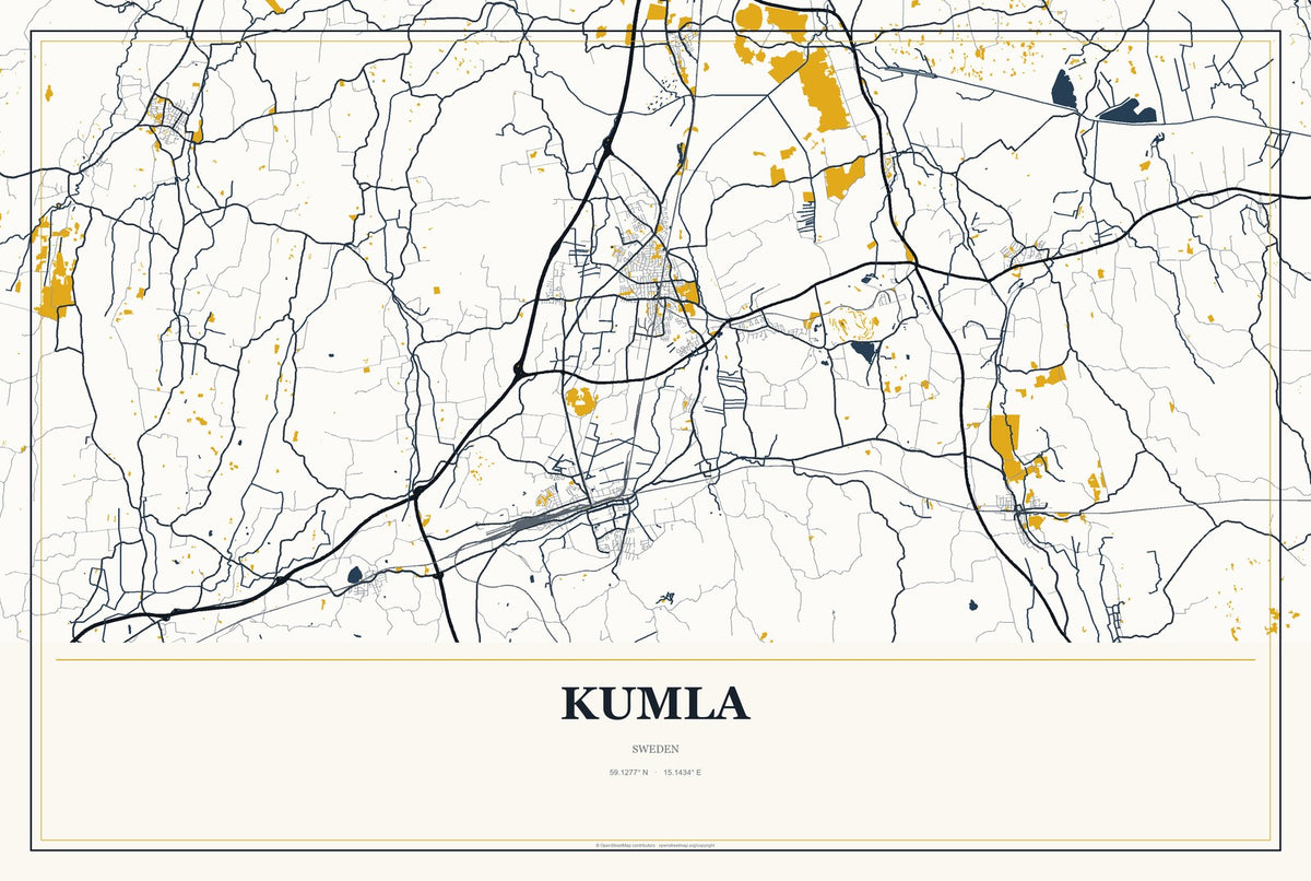 Kumla, Sweden City Map Aluminum Sign in Citrine Modern style