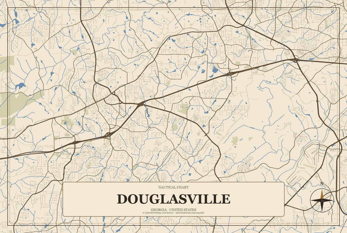 Douglasville, Georgia City Map Aluminum Sign in Heritage Nautical style