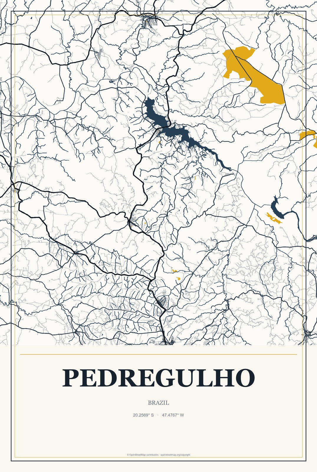 Pedregulho, Brazil City Map Aluminum Sign in Citrine Modern style