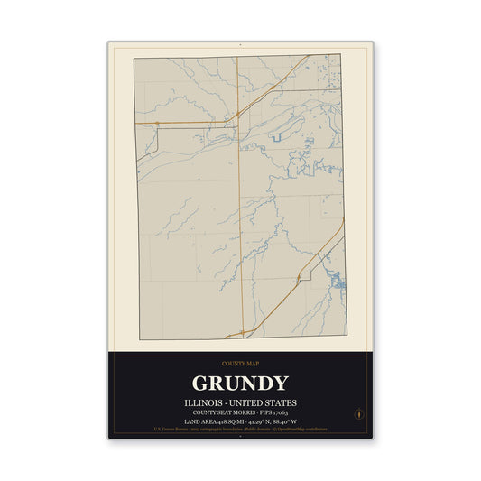 Grundy County, Illinois Map Aluminum Sign in Museum Plaque style
