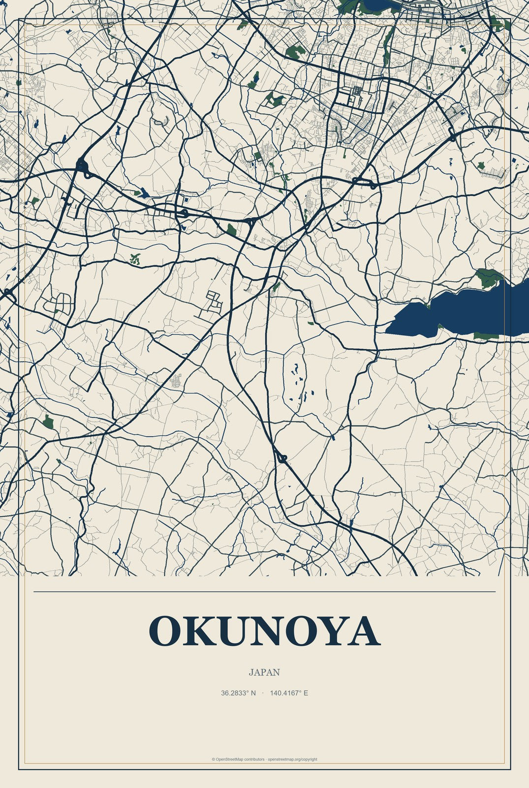 Okunoya, Japan City Map Aluminum Sign in Coastal Cutout style