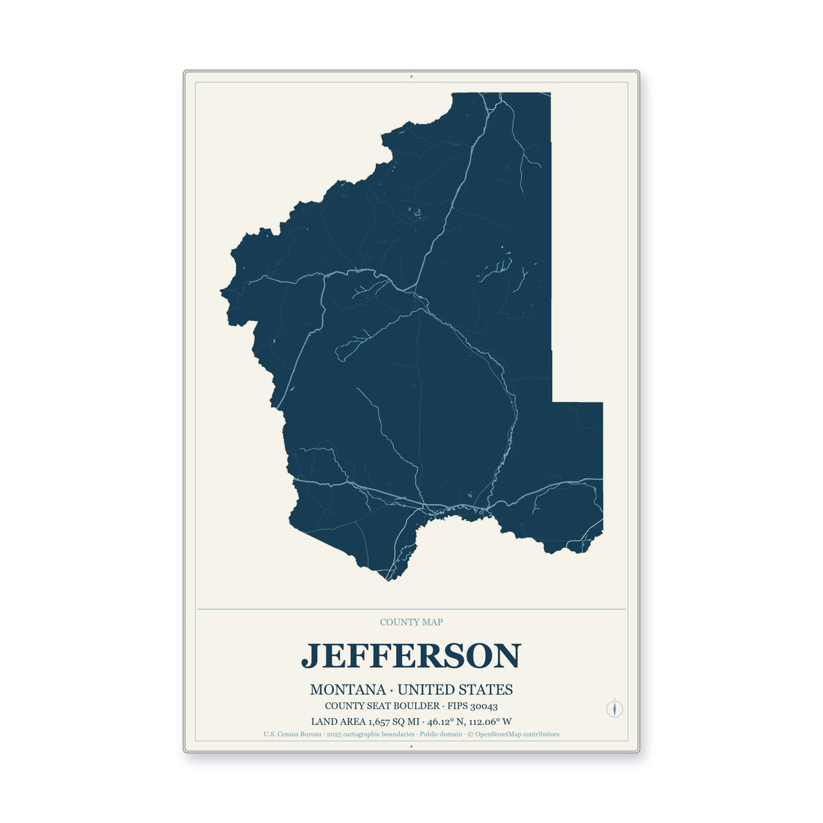 Jefferson County, Montana Map Aluminum Sign in Coastal Cutout style