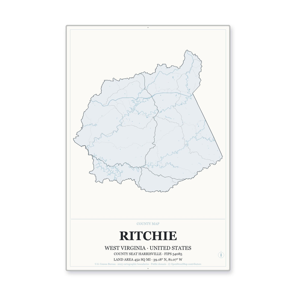 Ritchie County, West Virginia Map Aluminum Sign in Gallery Air style