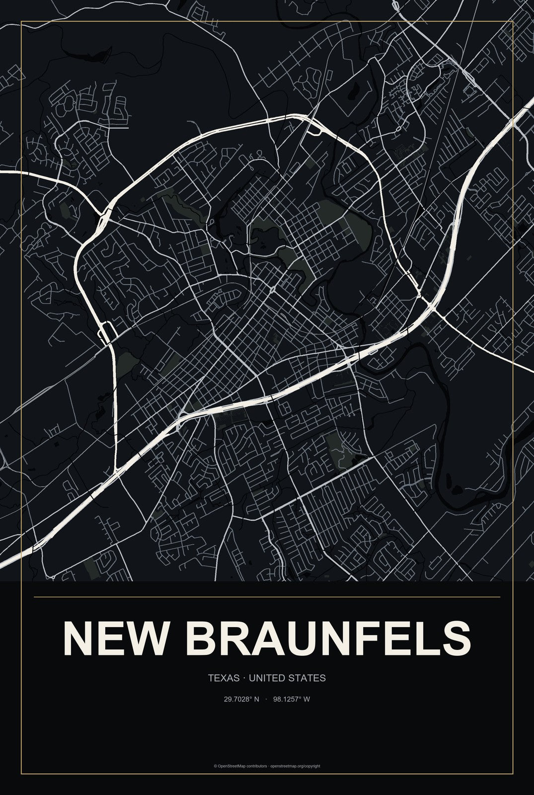New Braunfels, Texas City Map Aluminum Sign in Metropolitan Noir style