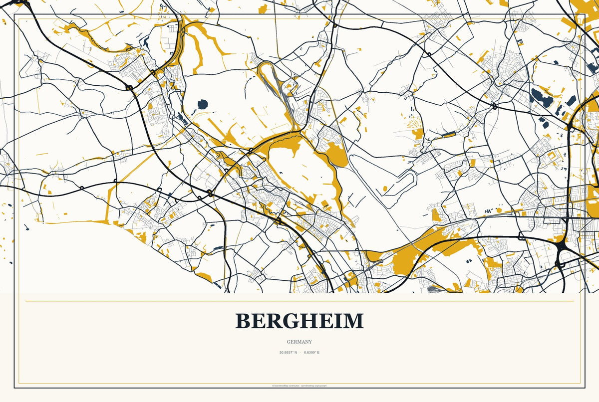 Bergheim, Germany City Map Aluminum Sign in Citrine Modern style