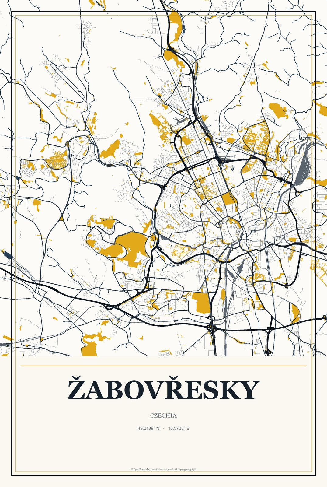 Žabovřesky, Czechia City Map Aluminum Sign in Citrine Modern style