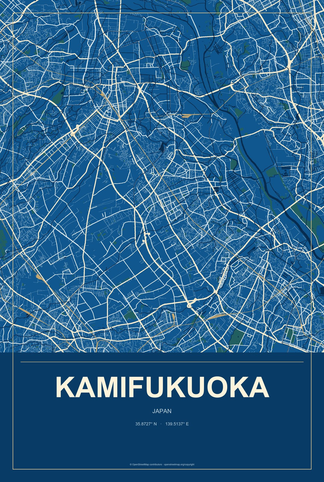 Kamifukuoka, Japan City Map Aluminum Sign in Harbor Cobalt style