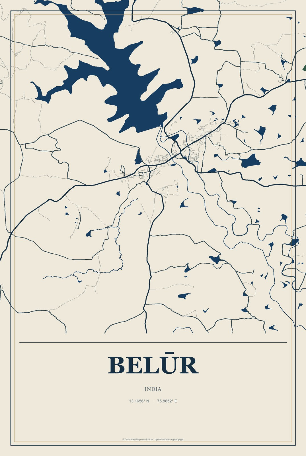 Belūr, India City Map Aluminum Sign in Coastal Cutout style