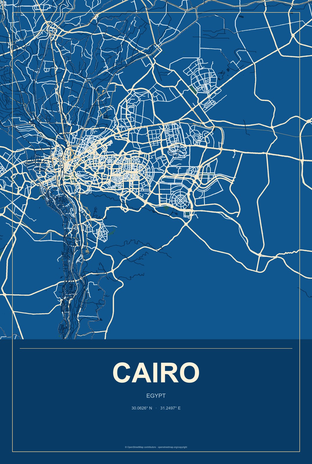 Cairo, Egypt City Map Aluminum Sign in Harbor Cobalt style