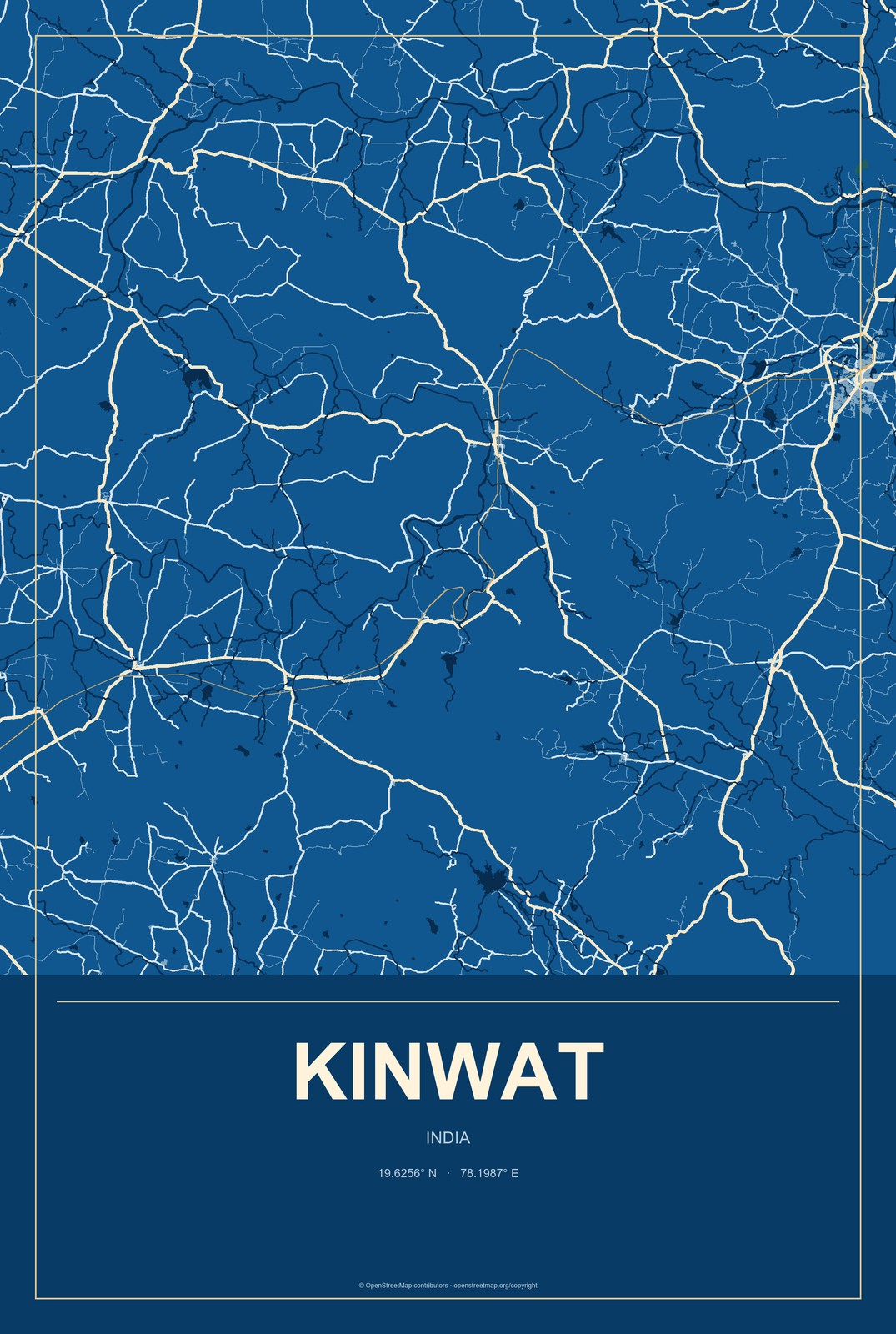 Kinwat, India City Map Aluminum Sign in Harbor Cobalt style