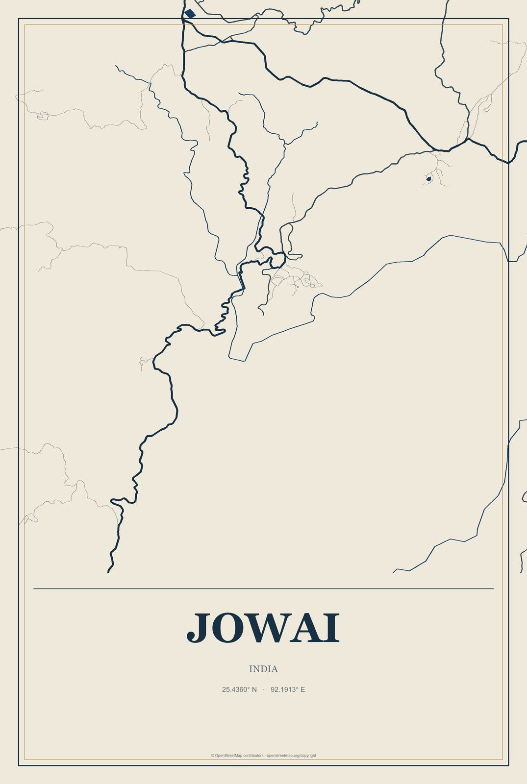 Jowai, India City Map Aluminum Sign in Coastal Cutout style