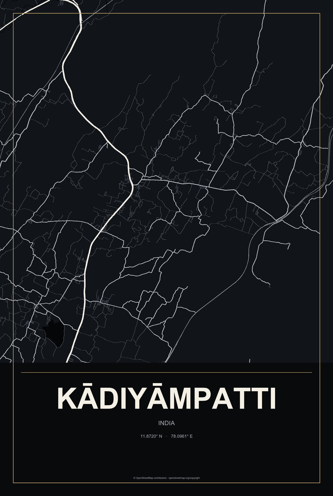Kādiyāmpatti, India City Map Aluminum Sign in Metropolitan Noir style