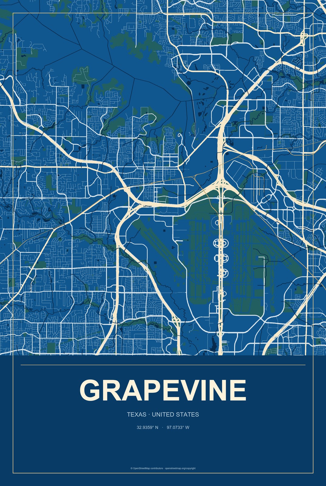 Grapevine, Texas City Map Aluminum Sign in Harbor Cobalt style