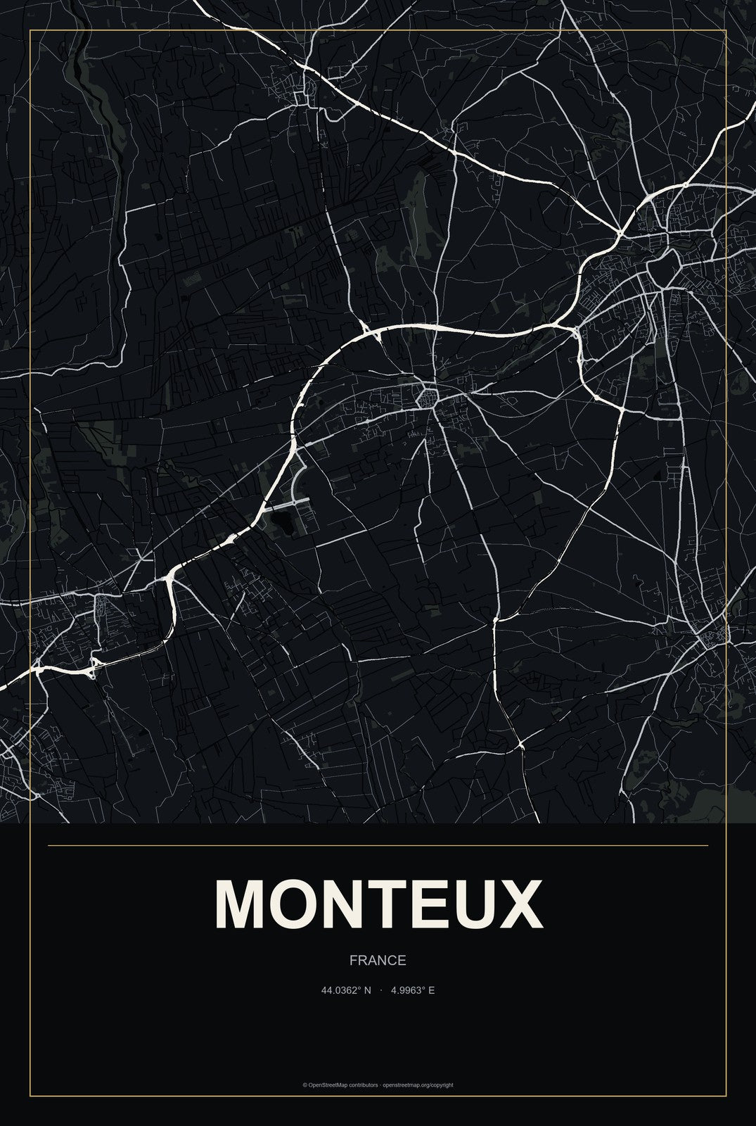Monteux, France City Map Aluminum Sign in Metropolitan Noir style