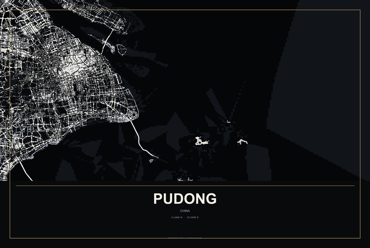 Pudong, China City Map Aluminum Sign in Metropolitan Noir style