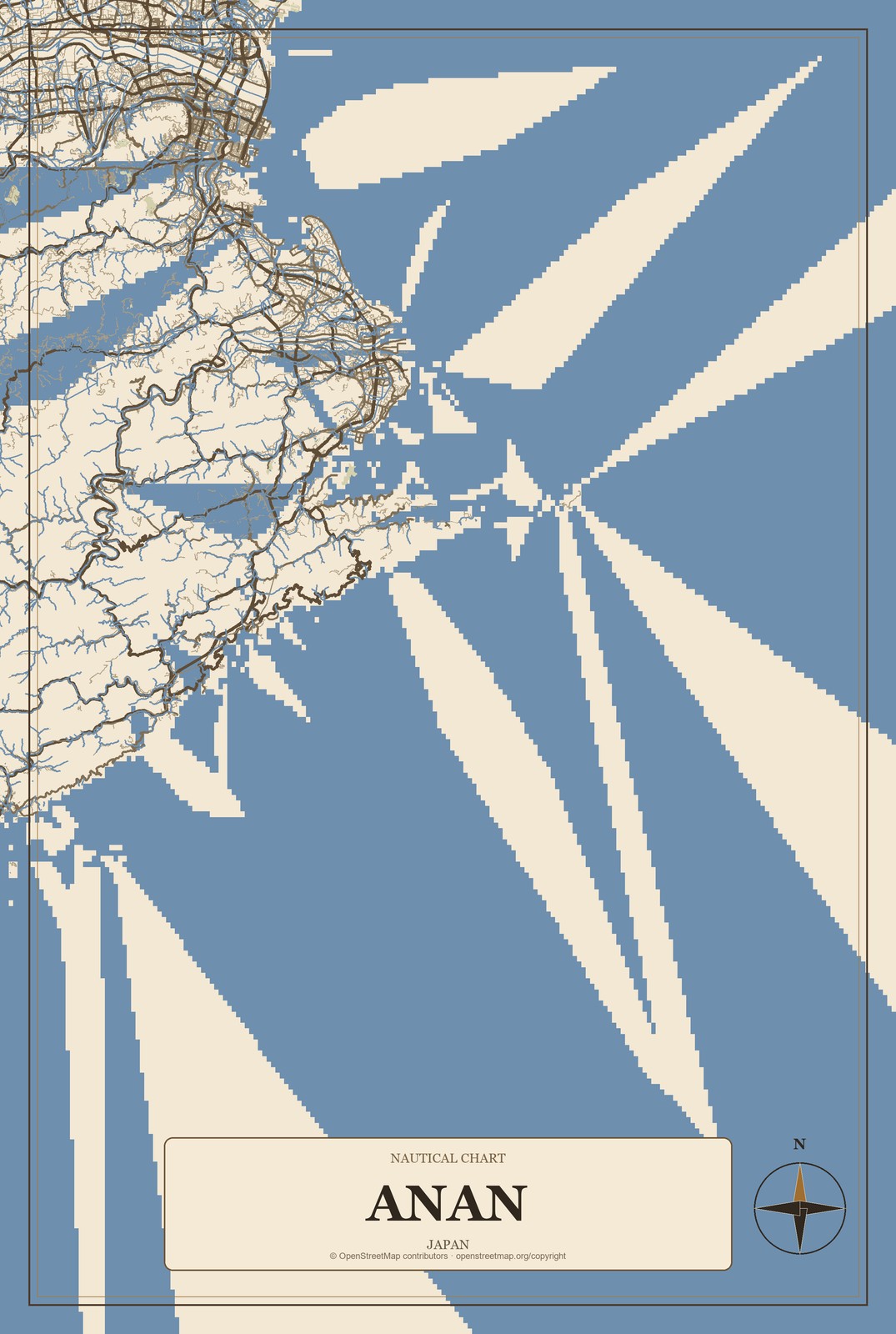 Anan, Japan City Map Aluminum Sign in Heritage Nautical style