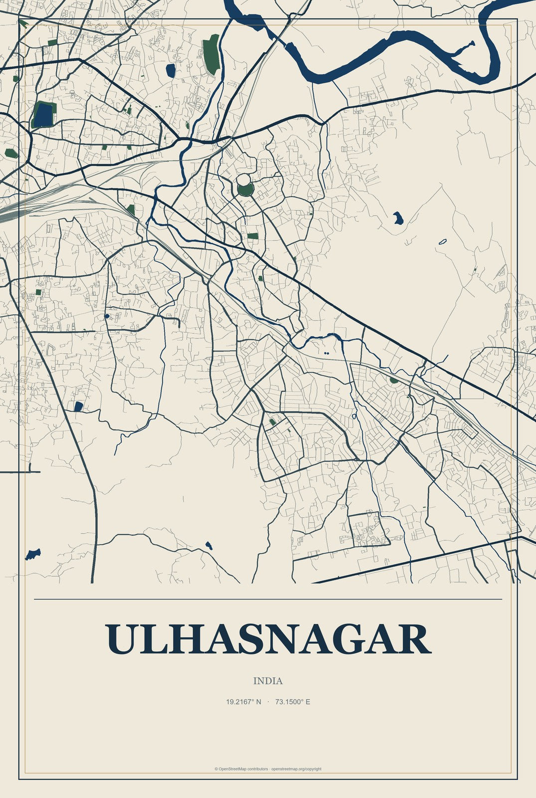 Ulhasnagar, India City Map Aluminum Sign in Coastal Cutout style