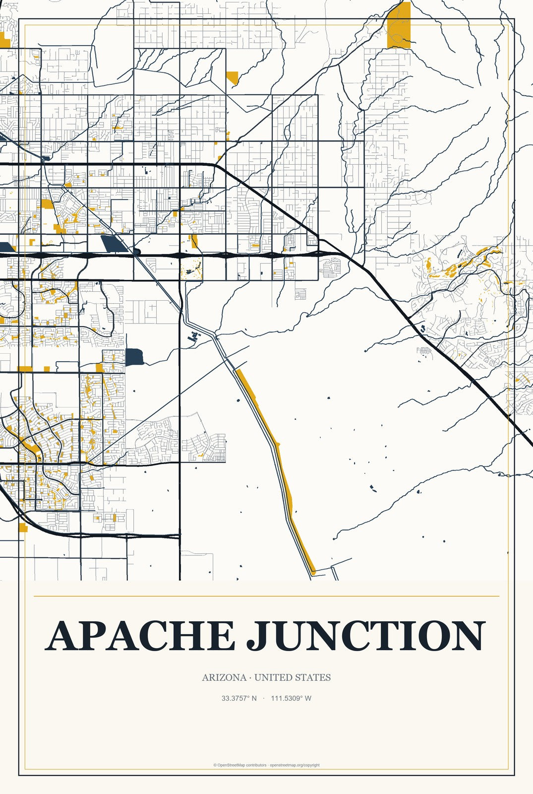 Apache Junction, Arizona City Map Aluminum Sign in Citrine Modern style