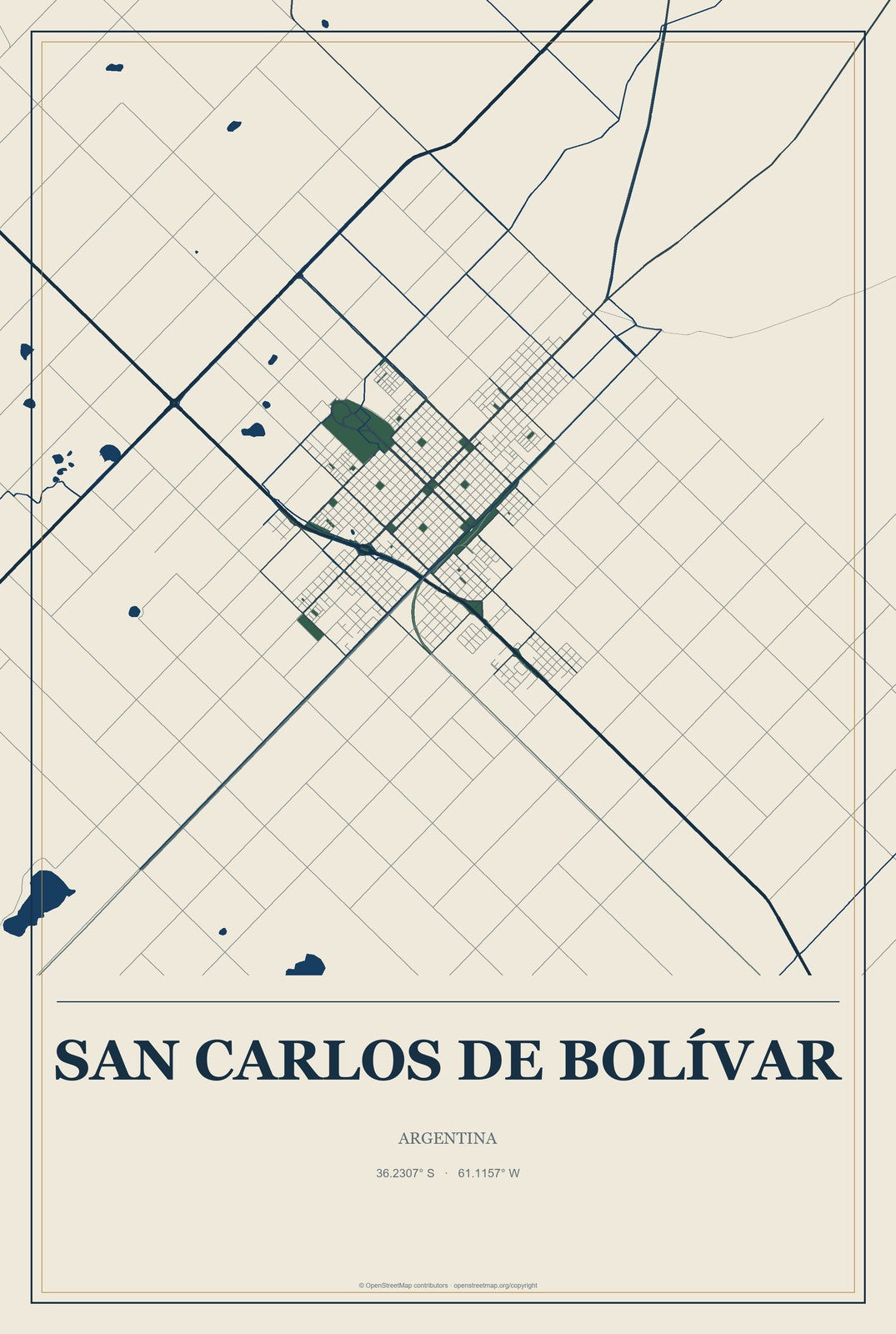 San Carlos de Bolívar, Argentina City Map Aluminum Sign in Coastal Cutout style