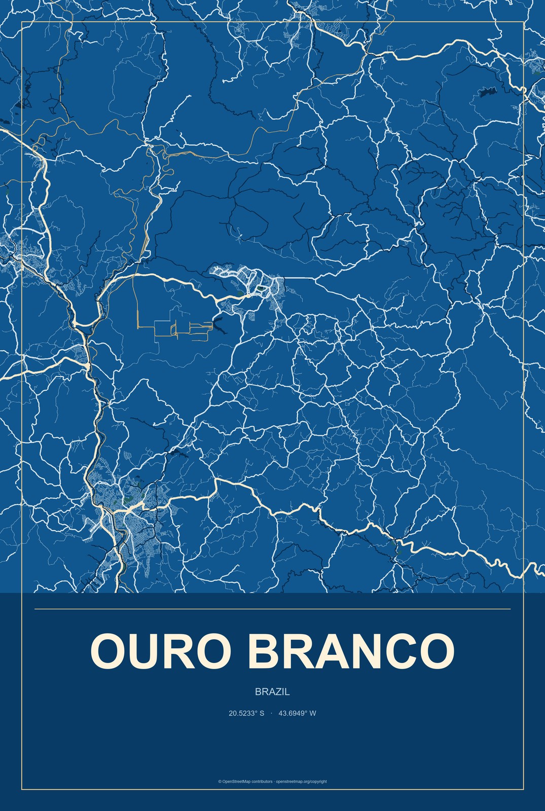 Ouro Branco, Minas Gerais, Brazil City Map Aluminum Sign in Harbor Cobalt style