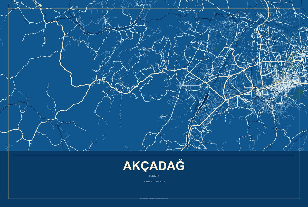 Akçadağ, Turkey City Map Aluminum Sign in Harbor Cobalt style