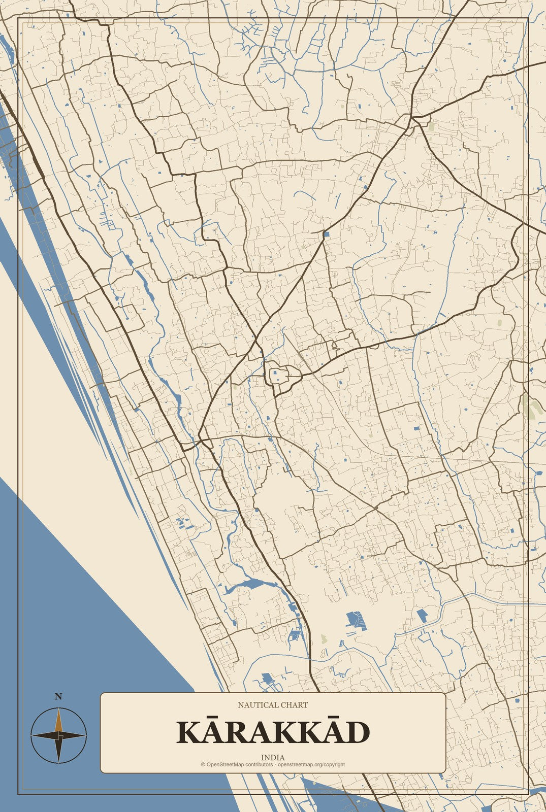Kārakkād, India City Map Aluminum Sign in Heritage Nautical style