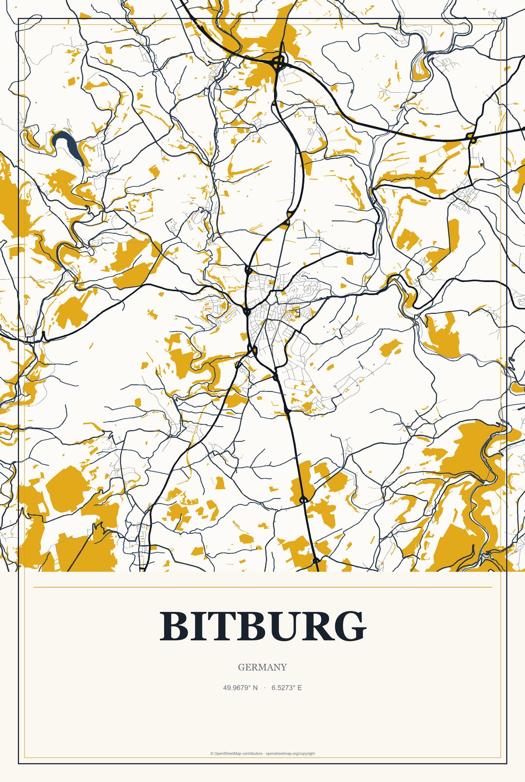 Bitburg, Germany City Map Aluminum Sign in Citrine Modern style