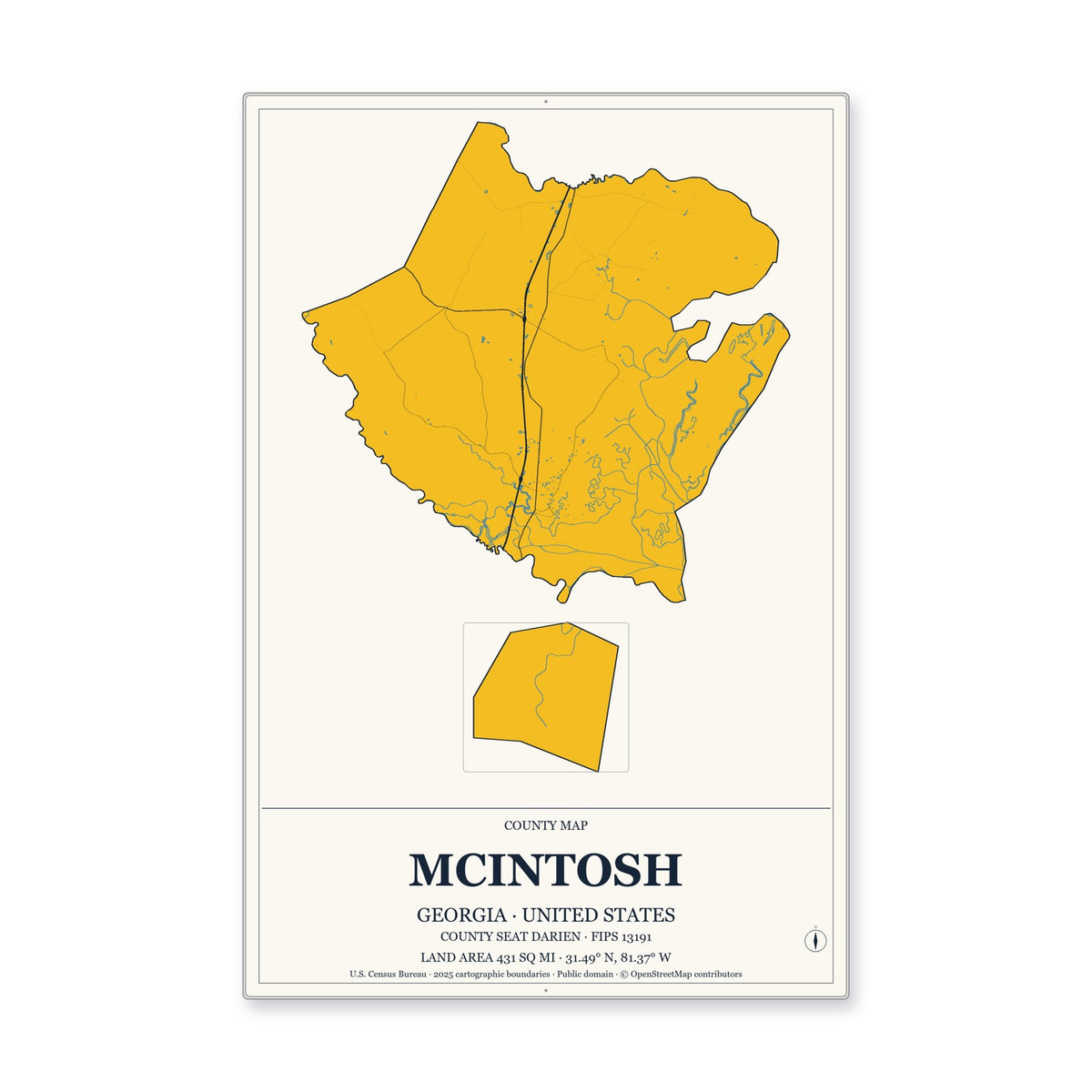 McIntosh County, Georgia Map Aluminum Sign in Citrine Modern style