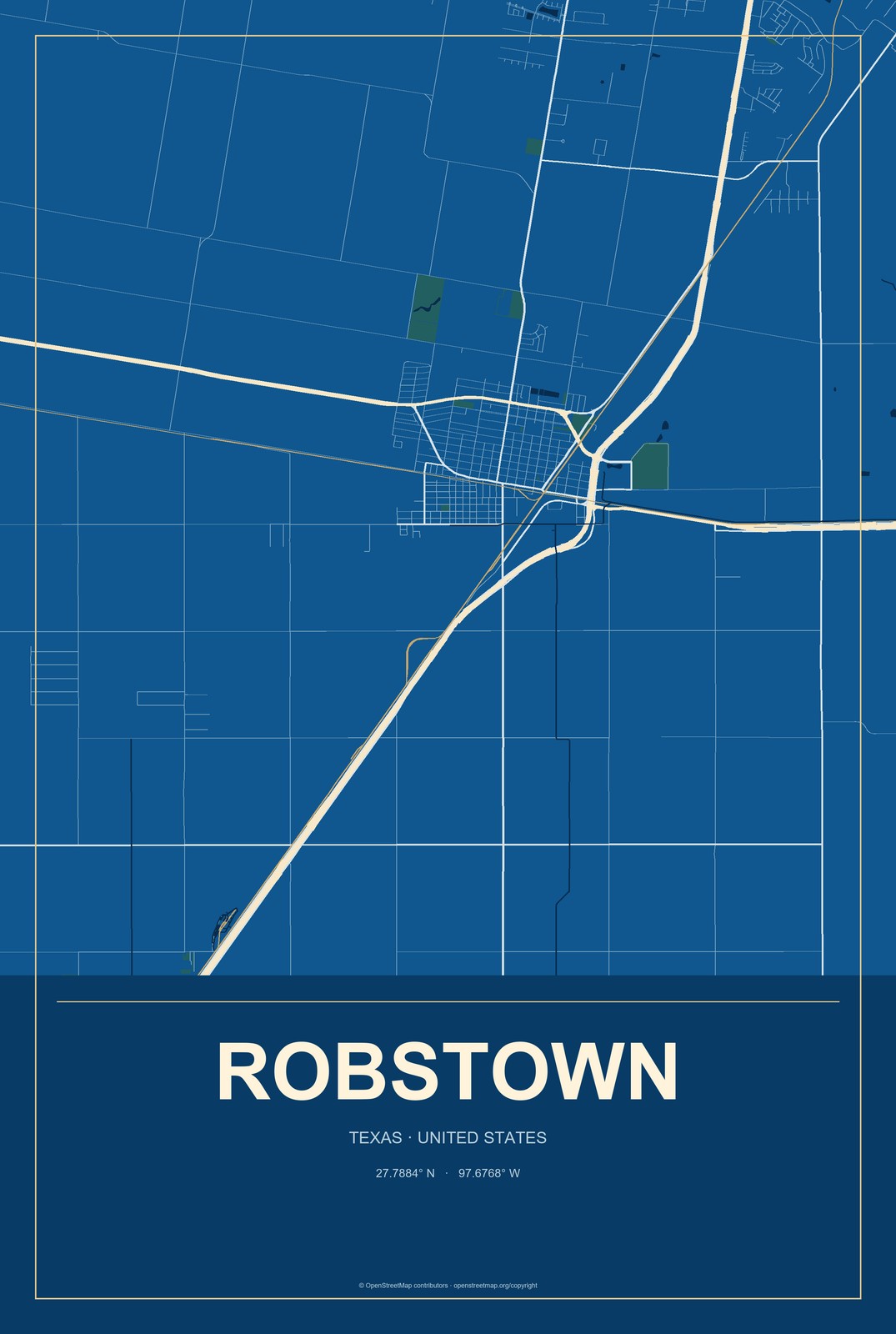 Robstown, Texas City Map Aluminum Sign in Harbor Cobalt style