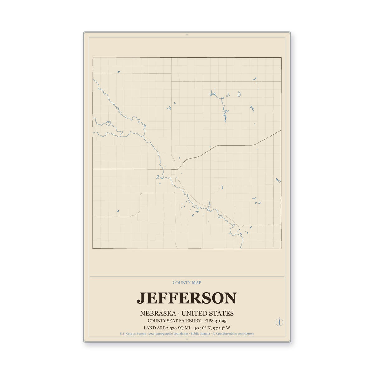Jefferson County, Nebraska Map Aluminum Sign in Heritage Nautical style