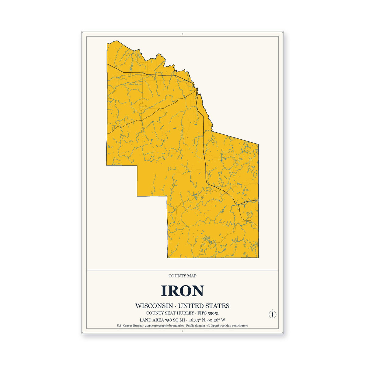 Iron County, Wisconsin Map Aluminum Sign in Citrine Modern style