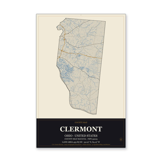 Clermont County, Ohio Map Aluminum Sign in Museum Plaque style