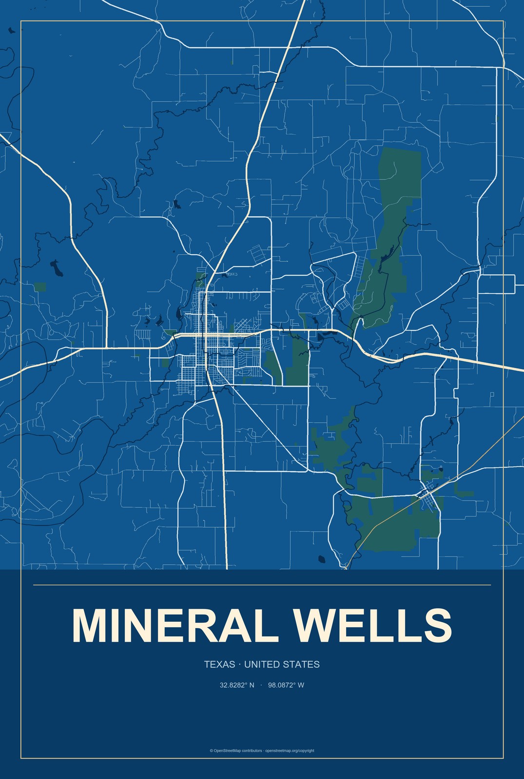 Mineral Wells, Texas City Map Aluminum Sign in Harbor Cobalt style