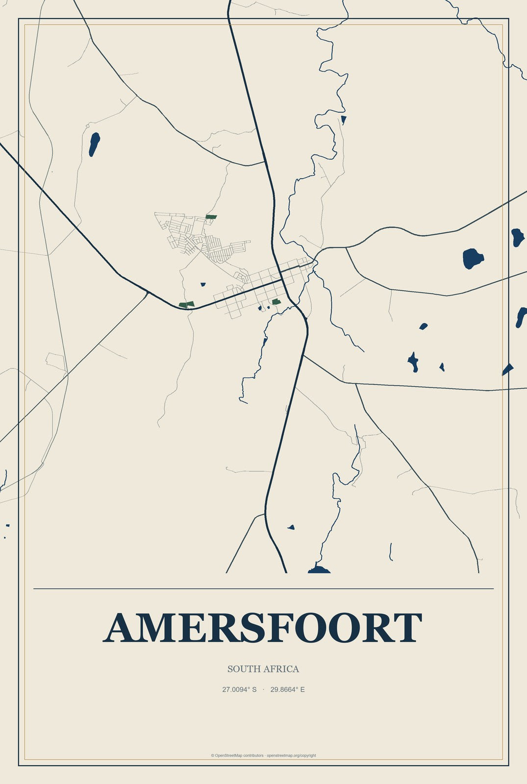 Amersfoort, South Africa City Map Aluminum Sign in Coastal Cutout style