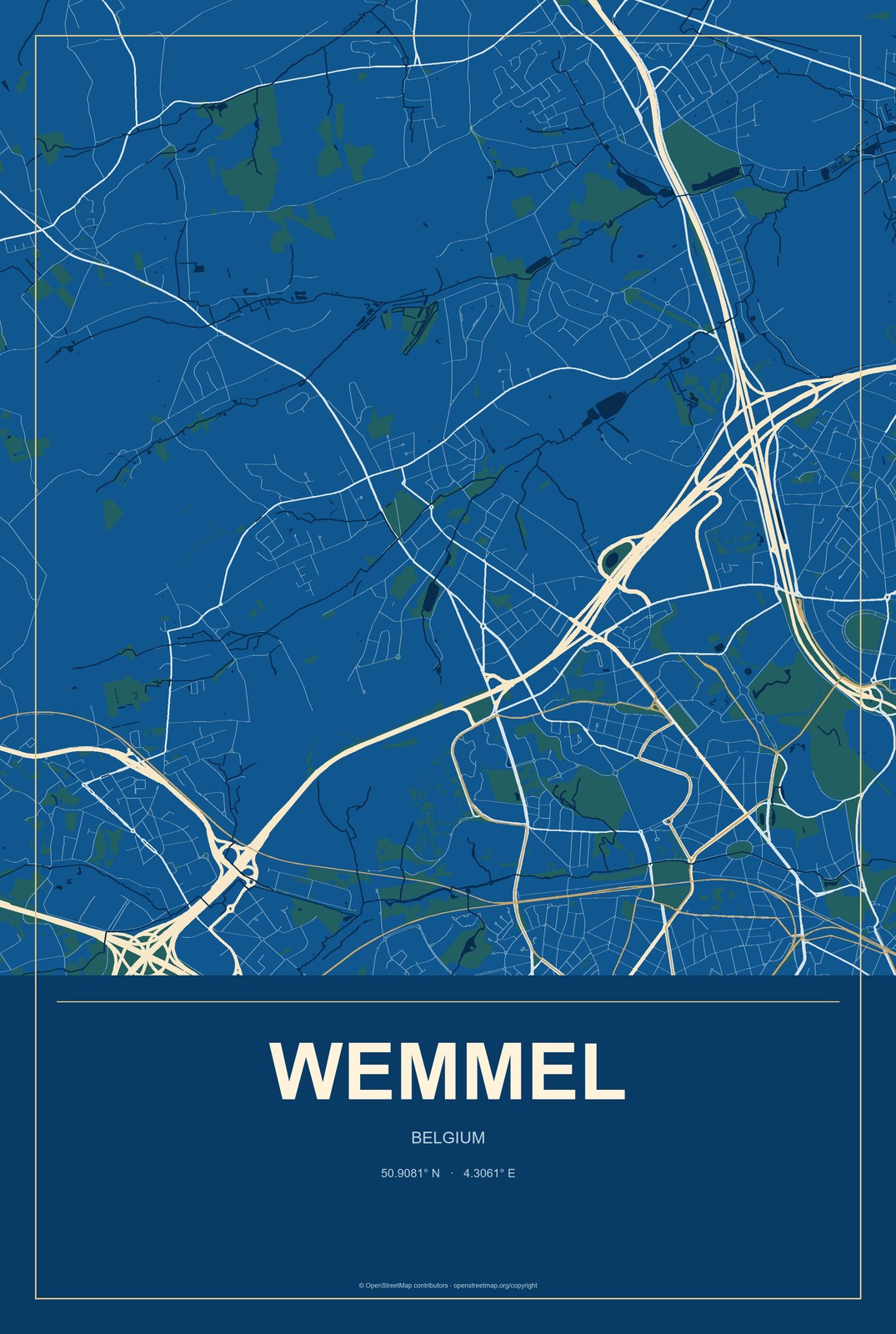 Wemmel, Belgium City Map Aluminum Sign in Harbor Cobalt style
