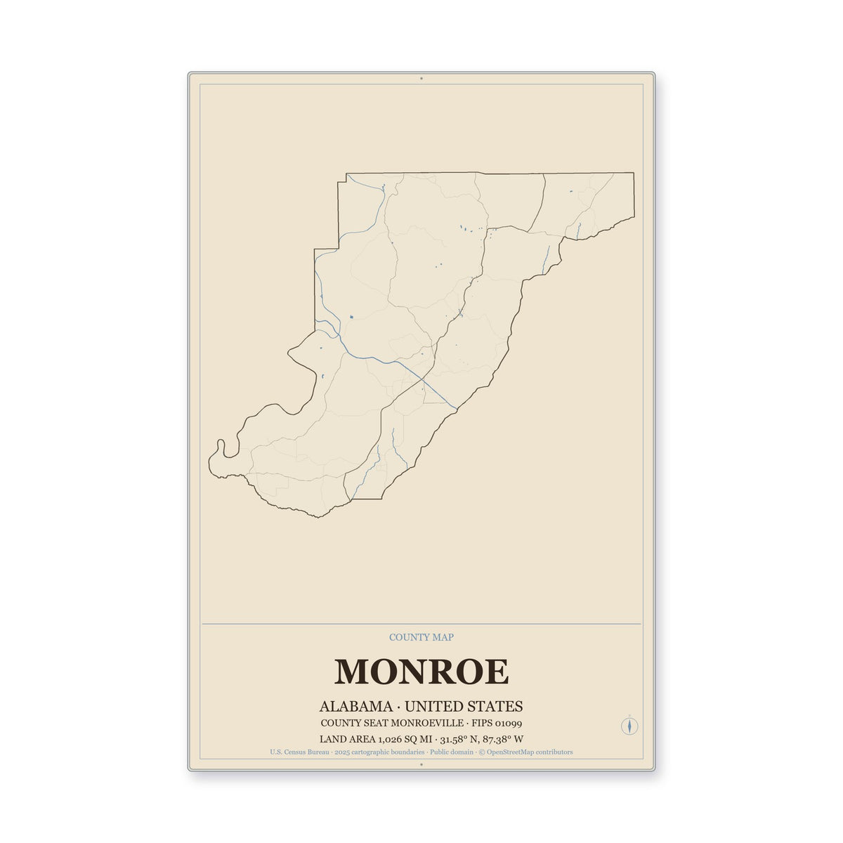 Monroe County, Alabama Map Aluminum Sign in Heritage Nautical style