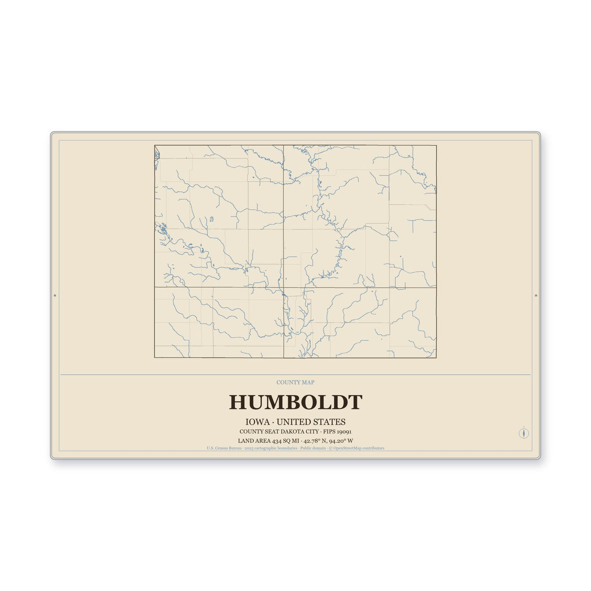 Humboldt County, Iowa Map Aluminum Sign in Heritage Nautical style