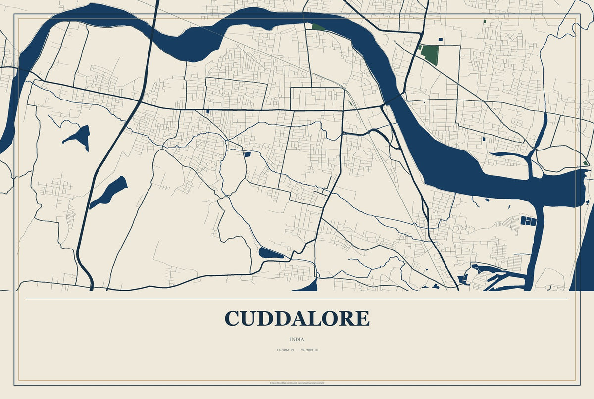 Cuddalore, India City Map Aluminum Sign in Coastal Cutout style