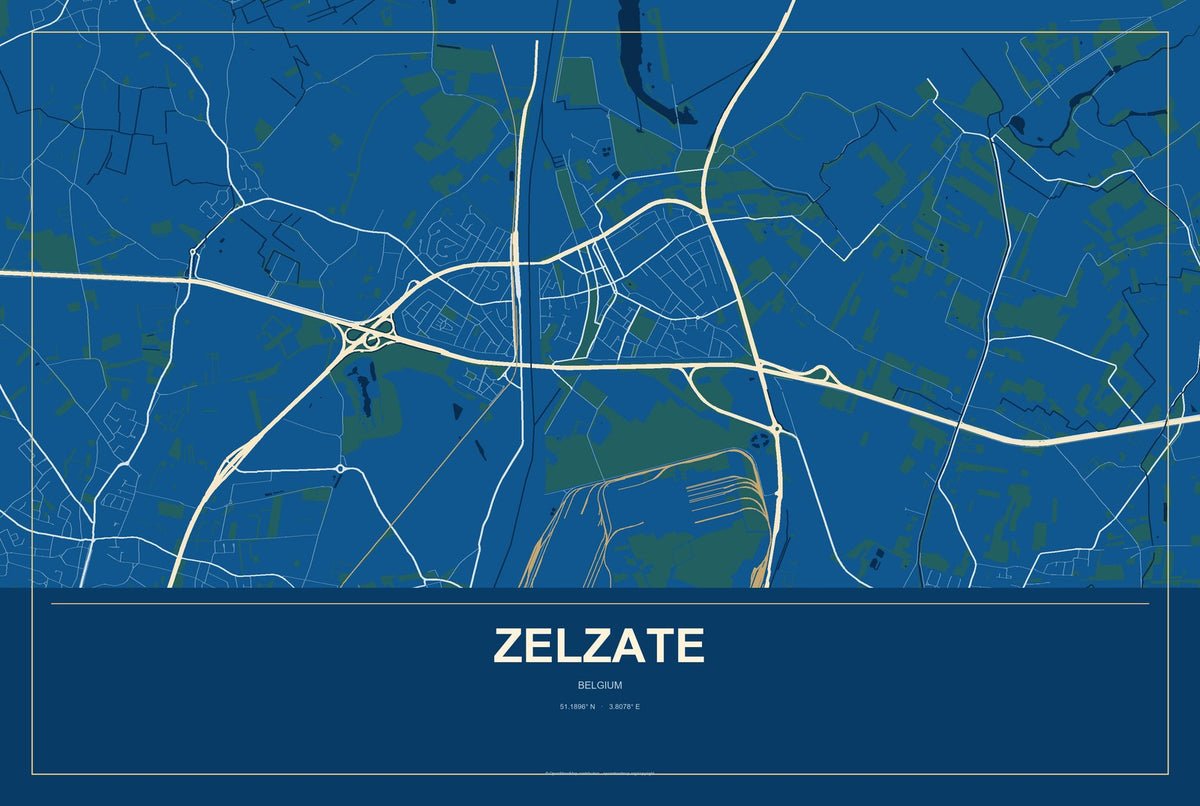 Zelzate, Belgium City Map Aluminum Sign in Harbor Cobalt style