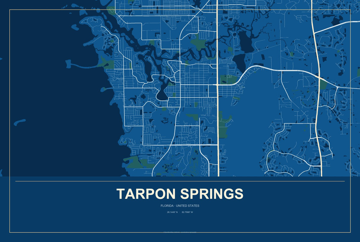 Tarpon Springs, Florida City Map Aluminum Sign in Harbor Cobalt style