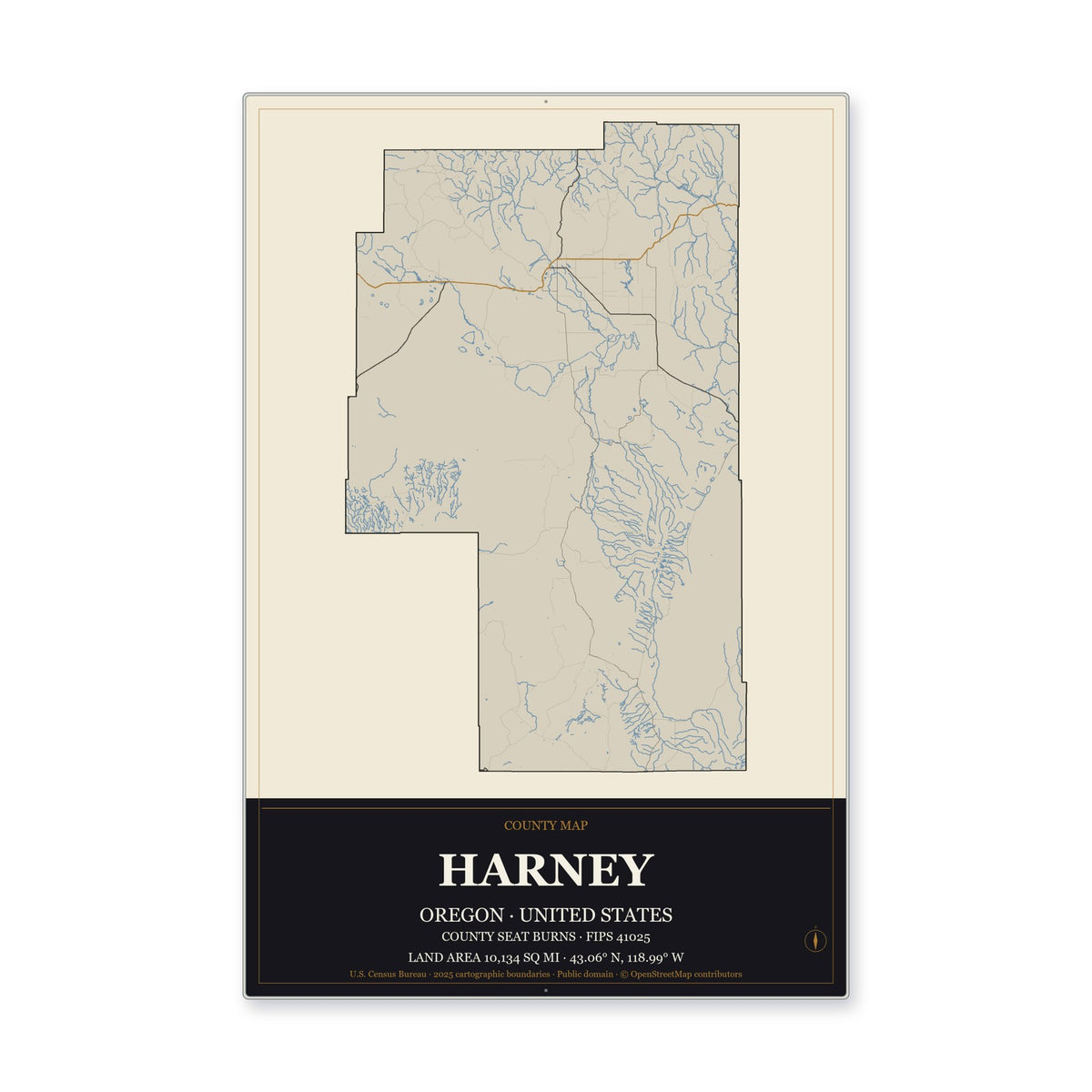 Harney County, Oregon Map Aluminum Sign in Museum Plaque style