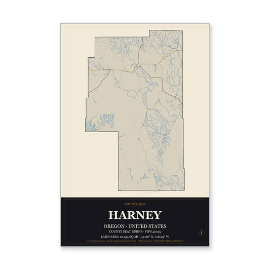 Harney County, Oregon Map Aluminum Sign in Museum Plaque style