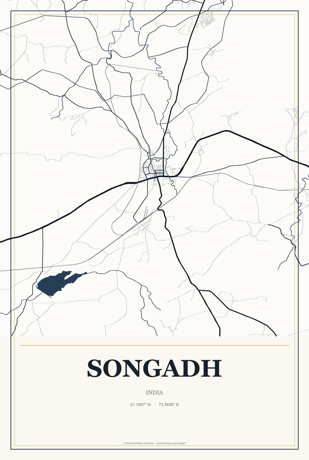 Songadh, India City Map Aluminum Sign in Citrine Modern style